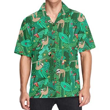Imagem de visesunny Camisa masculina casual de botão manga curta havaiana engraçada preguiça tucano flor Aloha, Multicolorido, M