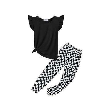 Imagem de Arshiner Conjunto de 2 peças para meninas, primavera, verão, com acabamento de babados, camiseta regata e calça com bolsos, Xadrez preto, 11-12 Anos