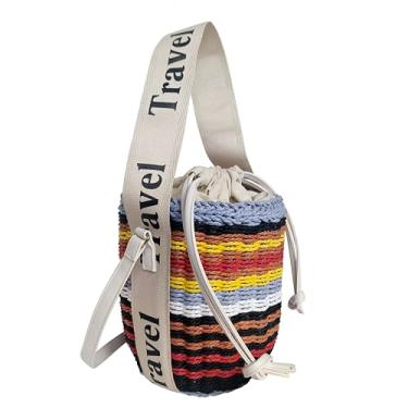 Imagem de JBRUN Sacola feminina com estampa de palha e flor de pérola, alça de rattan, bolsa balde de palha e bolsas de mão para mulheres, Cor:, Bolsa de praia Boho