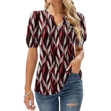 Imagem de Micoson Camisetas femininas plissadas com gola V e manga curta para o verão, Folha vermelho vinho, M