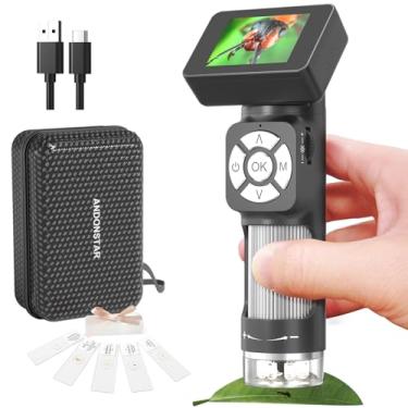 Imagem de SZITW Kit de microscópio portátil AD112 de bolso 500X Microscópio digital portátil com tela LCD de 2 polegadas com 8 luzes LED ajustáveis suporta conexão USB ao PC para crianças e adultos