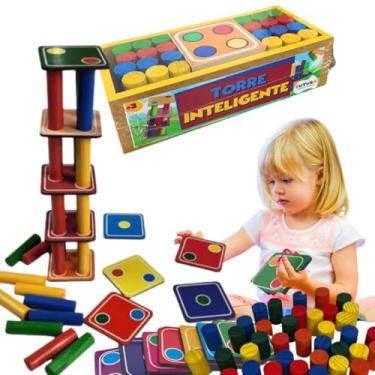 Imagem de Jogo Torre Inteligente 34 Peças - Brinquedo Educativo de Equilíbrio, Coordenação Motora e Raciocínio Lógico - Blocos Coloridos de Madeira para Crianças, Escolas e Atividades Pedagógicas
