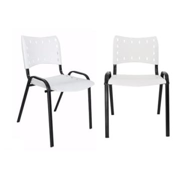 Imagem de Ecom Home - Kit Conjunto 2 Cadeiras ISO Empilháveis Branca Base Preta para Escritórios Igrejas Bares Sorveterias e Restaurantes