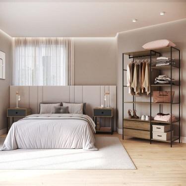 Imagem de Quarto Estilo Industrial com Guarda Roupa Closet de 2 Gavetas  e  2 Mesas de Cabeceira com 1 Gaveta Mel / Grafite