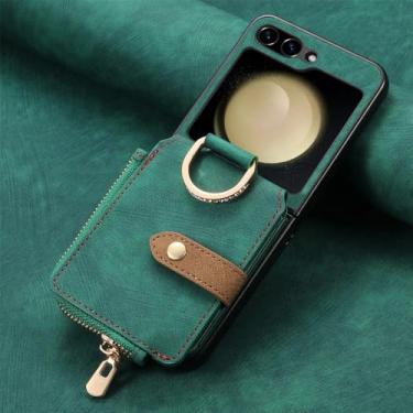 Imagem de Cartões com zíper bolsa anel titular capa carteira de couro vintage para Samsung Galaxy Z Flip 5 4 5G Flip4 Flip5 Bolsa capa de suporte, verde, para Samsung Z Flip 4