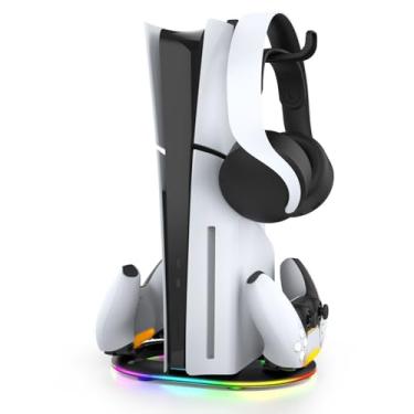 Imagem de Suporte para disco PS5 Slim/versão digital, estação de carregamento de controlador duplo PS5, suporte vertical RGB legal com 2 interfaces USB 2.0, suporte para fone de ouvido, parafusos. (preto)
