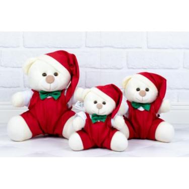 Imagem de Trio De Ursos Tedde Mamãe Noel Pelúcia Natalina Para Decorações (Macacão Padrão - Pelúcia Palha)