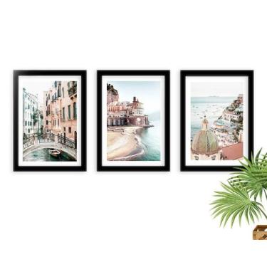 Imagem de Kit 3 Quadros Molduras Preta Grecia Rosa Paisagem - D'Cora