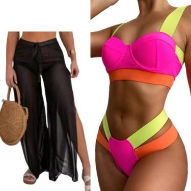 Imagem de Kit Calça Tule + Biquini Neon Tiras Grossa Modelo Gringa, Calça preta 