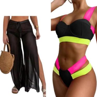 Imagem de Kit Calça Tule + Biquini Neon Tiras Grossa Modelo Gringa, Calça preta 