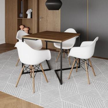 Imagem de Mesa Jantar Industrial Quadrada Amêndoa 90cm Base V Ferro Preto com 4 