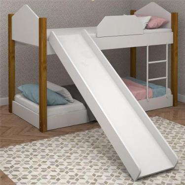Imagem de Mini Beliche Clean Branco e Mel com Colchões e Escorrega - Mais de Cas
