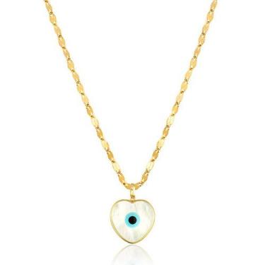 Imagem de Corrente Colar Cordão Coffee + Pingente Olho Grego Coração Grande Ouro