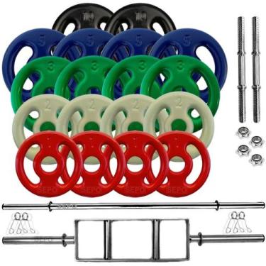 Imagem de Kit Anilhas Emborrachadas 64 Kg + Barras Com Presilhas - SEPO