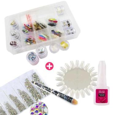 Imagem de Kit completo joias unhas manicure pedrarias cola expositor pega stras 