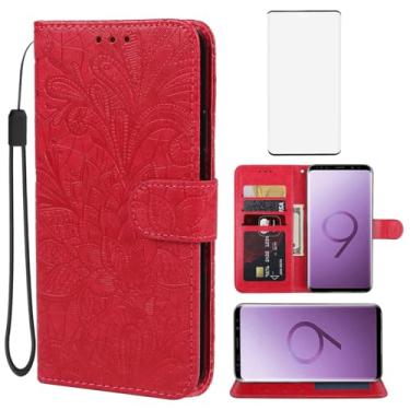Imagem de Gufuwo Capa para Galaxy S9, capa carteira para Samsung S9 SM-G960U com protetor de tela de vidro temperado, flor de renda, couro PU, flip com suporte para cartão de crédito, capa para celular para