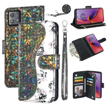 Imagem de Dibosom Capa carteira floral para Motorola Moto G84 5G com alça de pulso alça de ombro flip zíper bolsa porta-cartão, suporte de couro PU de luxo brilhante brilhante brilhante capa de celular para G