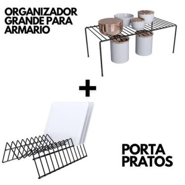 Imagem de Kit Organizador De Armário Prateleira Cozinha Grande E Porta Pratos - 