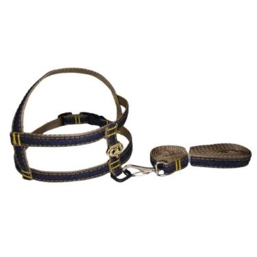 Imagem de Conj. peitoral/ guia nylon jeans - Couraça Pet, Dourado, P