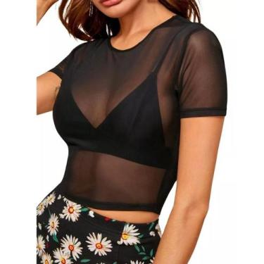 Imagem de Cropped Tule Transparente Manga Curta Tendência Camiseta - BEA FASHION