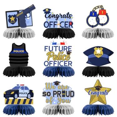 Imagem de 9 peças de decoração de favo de mel de mesa de oficial de parabéns, azul, centro de mesa de formatura de policial, graduado, academia de polícia, decoração de lembrancinha de festa de formatura