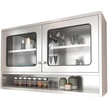 Imagem de Armário de parede de cozinha de aço inoxidável com portas duplas e prateleiras ajustáveis Prateleira de armazenamento montada na parede para sala de estar, cozinha, banheiro, prata, 120 x 30 x 70 cm