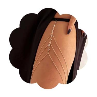 Imagem de Vacaonio Boho Corrente de perna com contas de cristal cruzadas, corrente de coxa dourada CZ corrente elástica preta para coxa corrente de strass para perna e corpo joia para mulheres, adjustable, Liga