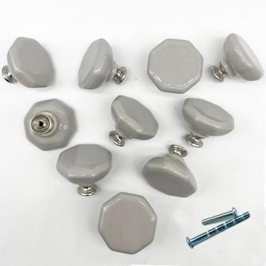 Imagem de YOUYOUULU Puxadores de cerâmica modernos - 10 peças de alças de porcelana cinza claro, puxadores octogonais de armário, puxadores de gaveta de cerâmica, puxadores de cerâmica de estilo moderno