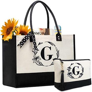 Imagem de BeeGreen Sacolas de lona com inicial para presente de aniversário personalizado, monograma bordado com alça de couro, Branco e preto., Large, Letra G