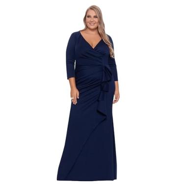 Imagem de Xscape Vestido feminino plus size longo manga 3/4 gola V franzido lateral, Meia-noite, 52