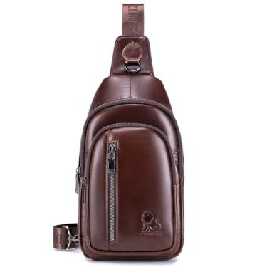 Imagem de pundarika Bolsa tiracolo masculina de couro legítimo, bolsa tiracolo para o peito, bolsa de ombro casual para homem, mochila tipo estilingue, Marrom, Small to Medium