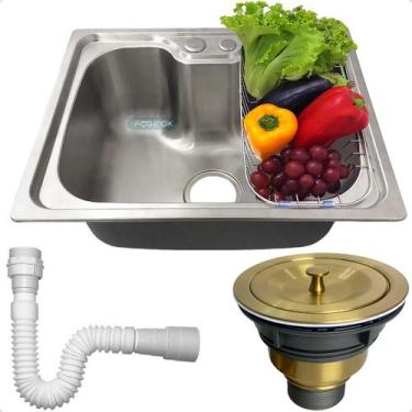 Imagem de Cuba Inox 304 Cozinha Gourmet 50x40 Sobrepor Pia Bancada Com Cesto Esc