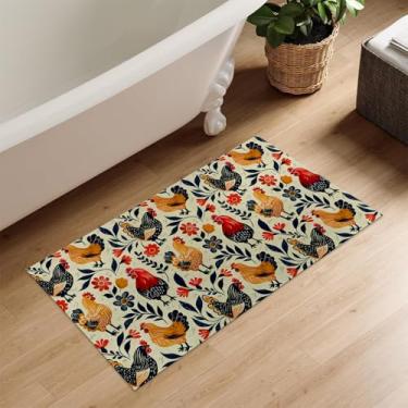 Imagem de Kibue Tapete de galo colorido, capacho de galo engraçado de galo para varanda interior, porta da frente, cozinha, 43 cm × 29 cm, com suporte antiderrapante, tapetes de porta de pintinhos presentes