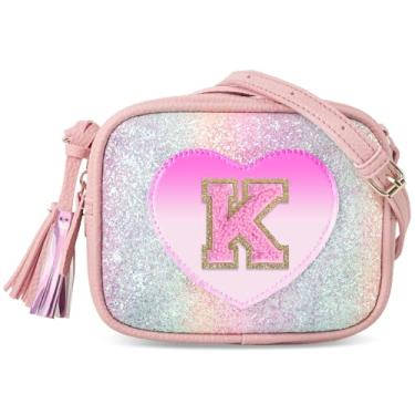 Imagem de Bolsa infantil de coração, presente de aniversário para meninas, linda bolsa de couro infantil, bolsa transversal pequena, bolsa personalizada com letras iniciais, Glitter-pinkletter, K
