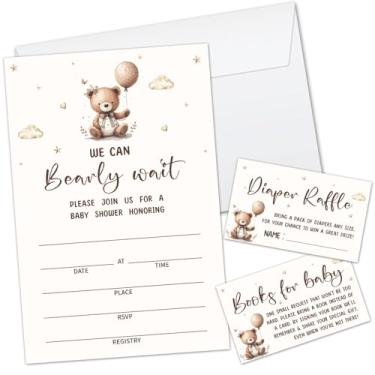 Imagem de Conjunto de convites para chá de bebê, convites de chá de bebê de urso balão para meninas e meninos, festa de revelação de gênero, 25 conjuntos de convites de chá de bebê com envelopes, bilhetes de