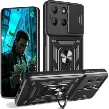Imagem de Capa CSmall para Motorola Moto G15 com capa de lente de câmera deslizante, grau militar à prova de choque com anel giratório Kickstand capa de proteção definitiva para Motorola G15 SJ preta