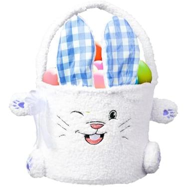 Imagem de Cesta de Páscoa personalizada para bebês, cesta de presentes de Páscoa com alça, cesta de ovo de coelho vazia para meninas e meninos (tipo orelha azul)