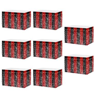 Imagem de MZJU Saias de mesa 8P onduladas metálicas com franjas para mesas retangulares, cortinas de guirlanda, para desfile, boias, casamentos, festas de aniversário, Halloween, Natal (vermelho preto)
