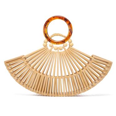 Imagem de Bolsa feminina de bambu natural com alça de acrílico de bambu pequena bolsa de noite elegante para férias, casamento, viagem, Natural, One Size