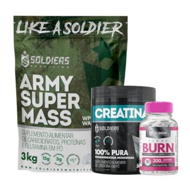 Imagem de Kit: Hipercalórico Army Super Mass - 3Kg + Creatina Monohidratada Pote 300g - 100% Pura + Femme Burn 90g - Soldiers Nutrition