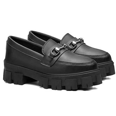 Imagem de Mocassim Feminino Preto Moderno Tratorado Blogueira Conforto Oxford - 
