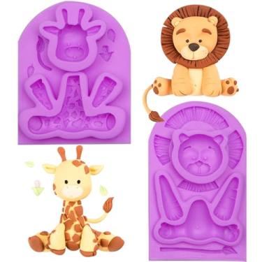 Imagem de Moldes de silicone animal para decoração de bolos, moldes de fondant com design de leão e girafa, roxo, conjunto de 2 peças