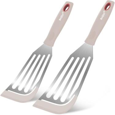 Imagem de Beijiyi Conjunto de espátula de peixe de silicone, 2 peças, espátula de espátula de peixe resistente ao calor para frigideira antiaderente, utensílios de cozinha flexíveis, flipper de ovo com fenda