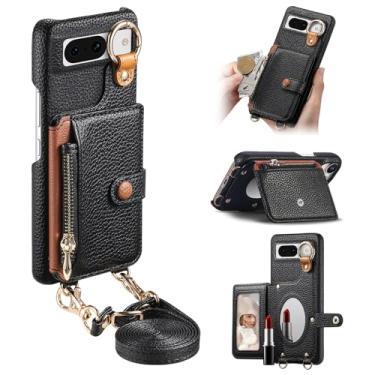 Imagem de Capa de telefone tipo carteira transversal removível durável para Google Pixel 8A, bolsa com zíper, suporte de anel, espelho integrado, compartimento para cartão, suporte multiângulo em elegante capa