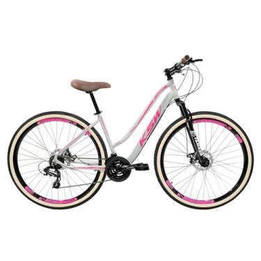 Imagem de Bicicleta Feminina Aro 29 Sunny Estilo Clássico Retrô Marca KSW 21 Velocidades Freios a Disco com Suspensão 80mm de Curso,17,Branco Rosa
