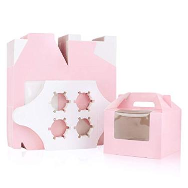 Imagem de Caixa de cupcake Kraft de 50 peças, Eusoar de 15 cm x 15 cm x 11 cm, caixa de cupcake com janela transparente para inserir e exibir, embalagem para presente de lembrancinha de festa com embrulho de panela, caixa de transporte para cupcake, rosa