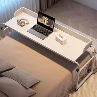 Imagem de Mesa de cama ajustável de 115 a 210 cm com rodas, mesas de cama sobrepostas, carrinho de armazenamento com rolamento, estação de trabalho em pé, altura de 65 a 95 cm, mesa de computador para casa e