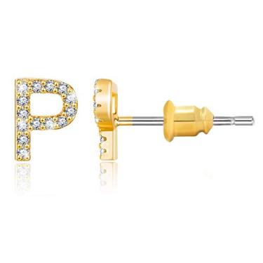 Imagem de Brincos com inicial folheados a ouro 14 K zircônia cúbica brincos de letras pequenas personalizados brincos de pino CZ pequeno para mulheres e meninas Dourado
