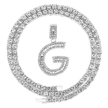 Imagem de FW Jewelry Colar de corrente de tênis com pingente de letra inicial pavimentada de ouro prata hip hop prata ouro brilhante masculino feminino de A a Z 50,8 cm (prata, G), diamante de cristal, Diamante