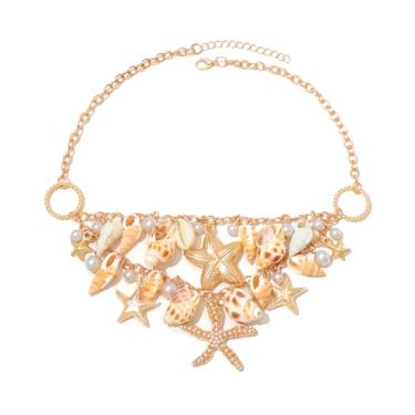 Imagem de Colar feminino de estrela-do-mar com concha, estrela-do-mar, pérola, cavalo-marinho, boêmio, grosso, gargantilha, concha, pérola, gola, gola, sereia, fantasia, joias de praia, Large, Cobre, Sem Pedra